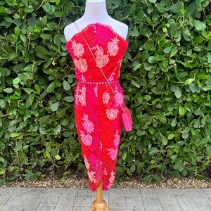 REVOLVE Red Lace Midi Dress with Pink Floral Appliqué